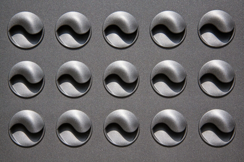 Textured gray surface with 15 round, wave-patterned indentations in a grid layout.