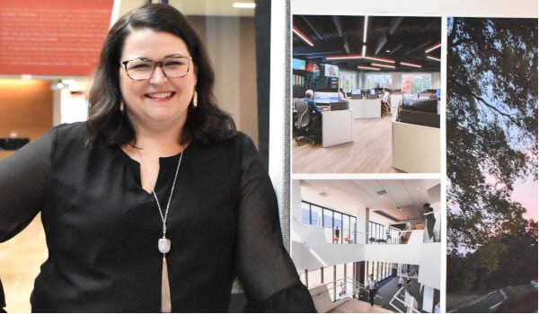 Smiling woman in black top next to a collage of interior and nature photos.