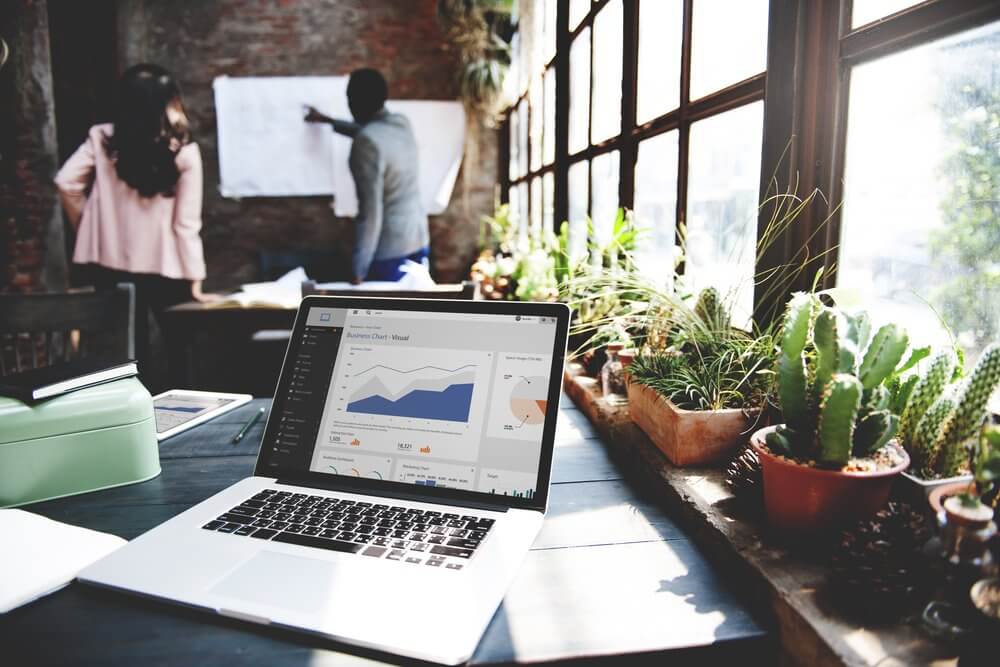 Laptop showing a graph on a table with cacti; two people work at a whiteboard in a sunlit room.