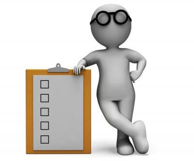 3D figure with glasses leaning on a checklist clipboard with five empty boxes.