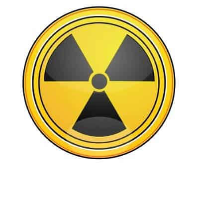 Yellow and black radiation hazard symbol with three blades surrounding a central circle.
