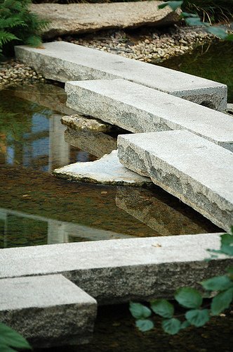 Stone pathway over a tranquil pond surrounded by green foliage.