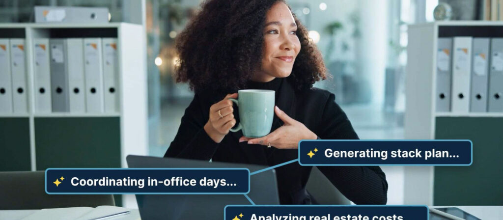a woman holding a coffee mug with text including "generating stack plan"