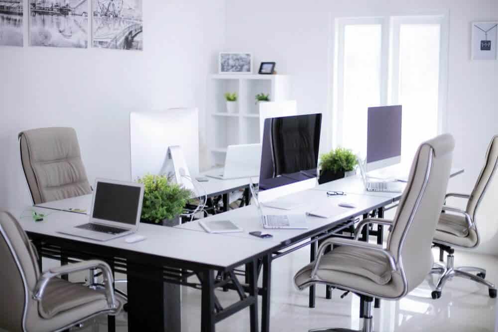 Modern office with multiple desks, chairs, computers, and decorative plants, lit by natural light from large windows.