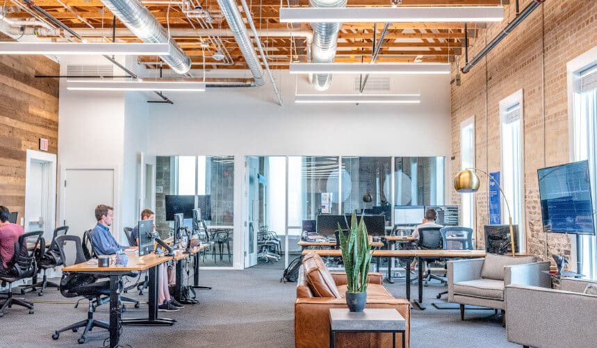 Open office space with people working at desks, modern decor, brown couch, and greenery.