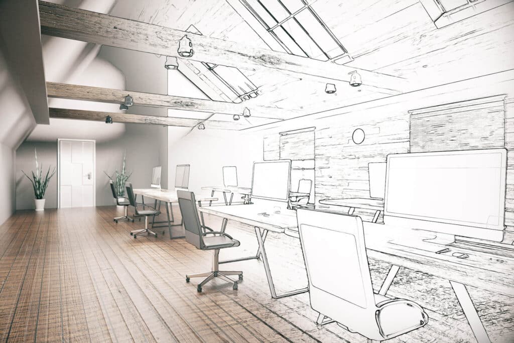 A modern office space with a mix of realistic and sketch elements, featuring desks, computers, and wooden beams.