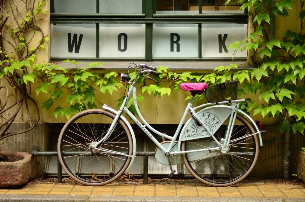 Vintage bicycle with pink seat, parked in front of a window with "WORK" written above, surrounded by green ivy.