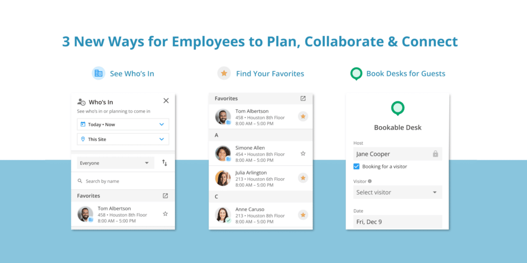 Dashboard displaying employee planning, favorites, and bookable desk options with calendar integration.