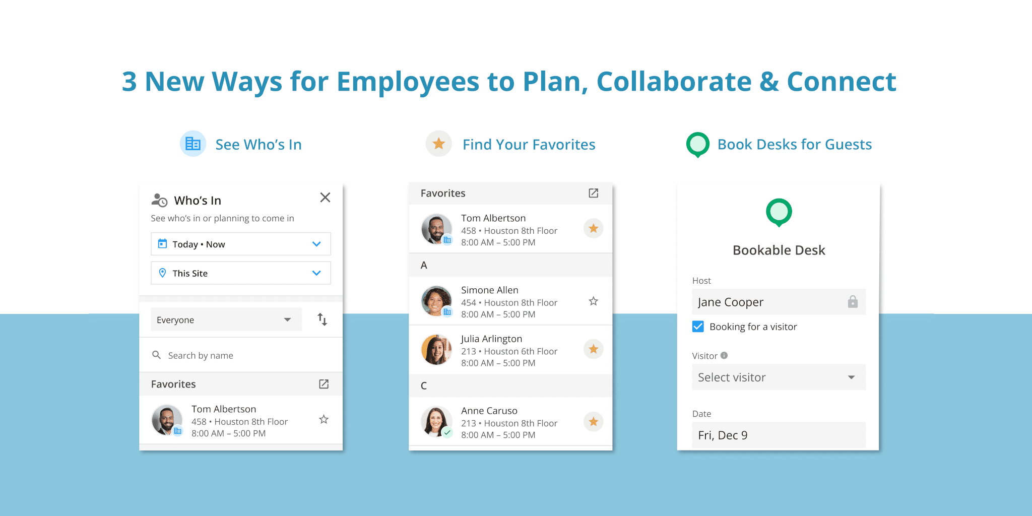 Dashboard displaying employee planning, favorites, and bookable desk options with calendar integration.