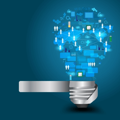 Light bulb with digital icons and people symbols, symbolizing connection and innovation on a blue background.