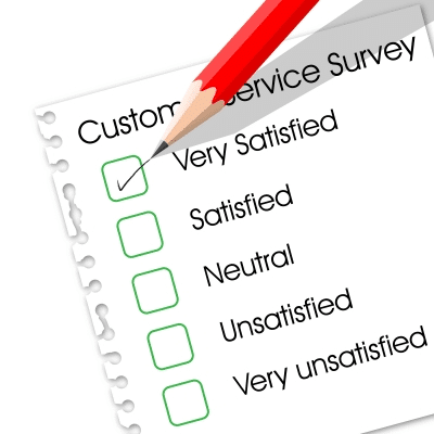 A survey with a red pencil ticking "Very Satisfied" among satisfaction options.