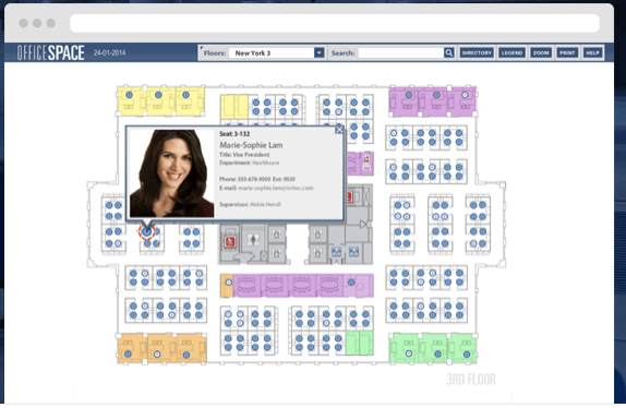 Office space seating chart on screen, highlighting seat information with a woman's photo and contact details.